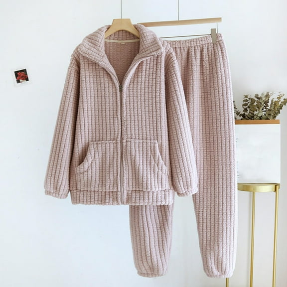 Deal of The Week Fluffy Flannel Winter Pajamas for Women Women's Solid Color Long-sleeved Trousers In Fall And Winter To Keep Warm And Velvet Home Clothes Pajamas Set,Purple,XL