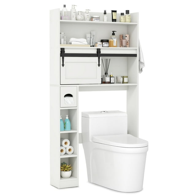 Gymax Over The Toilet Storage Cabinet w/ Sliding Barn Door Adjustable Shelves 2 Hooks White