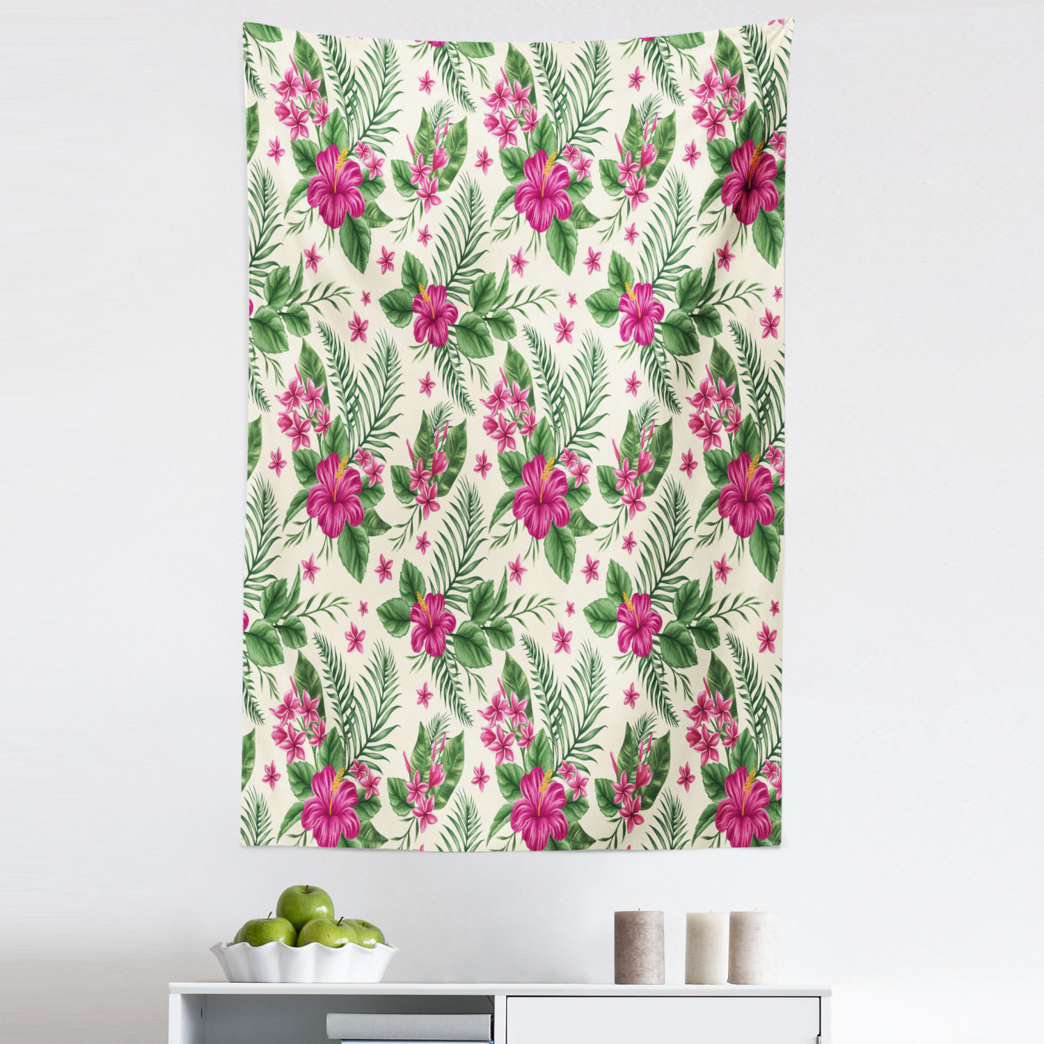 Watercolor Tapestry, Plumeria and Hibiscus Flora Tropical Island Nature Aloha Hawaii Jungle