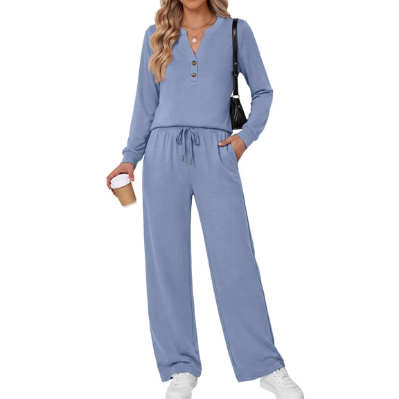 Fantaslook Fall Fashion Two Piece Lounge Sets for Women Henley V Neck Vacation Travel Outfit Casual Wide Leg Pants Matching Sets Women Clothing