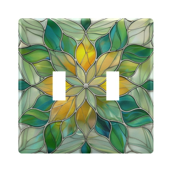 2 Gang Light Switch Cover Plate Abstract Yellow Green Floral Stained Glass Wall Plate Decorate Electrical Outlet Cover Plates 4.56”x4.48”