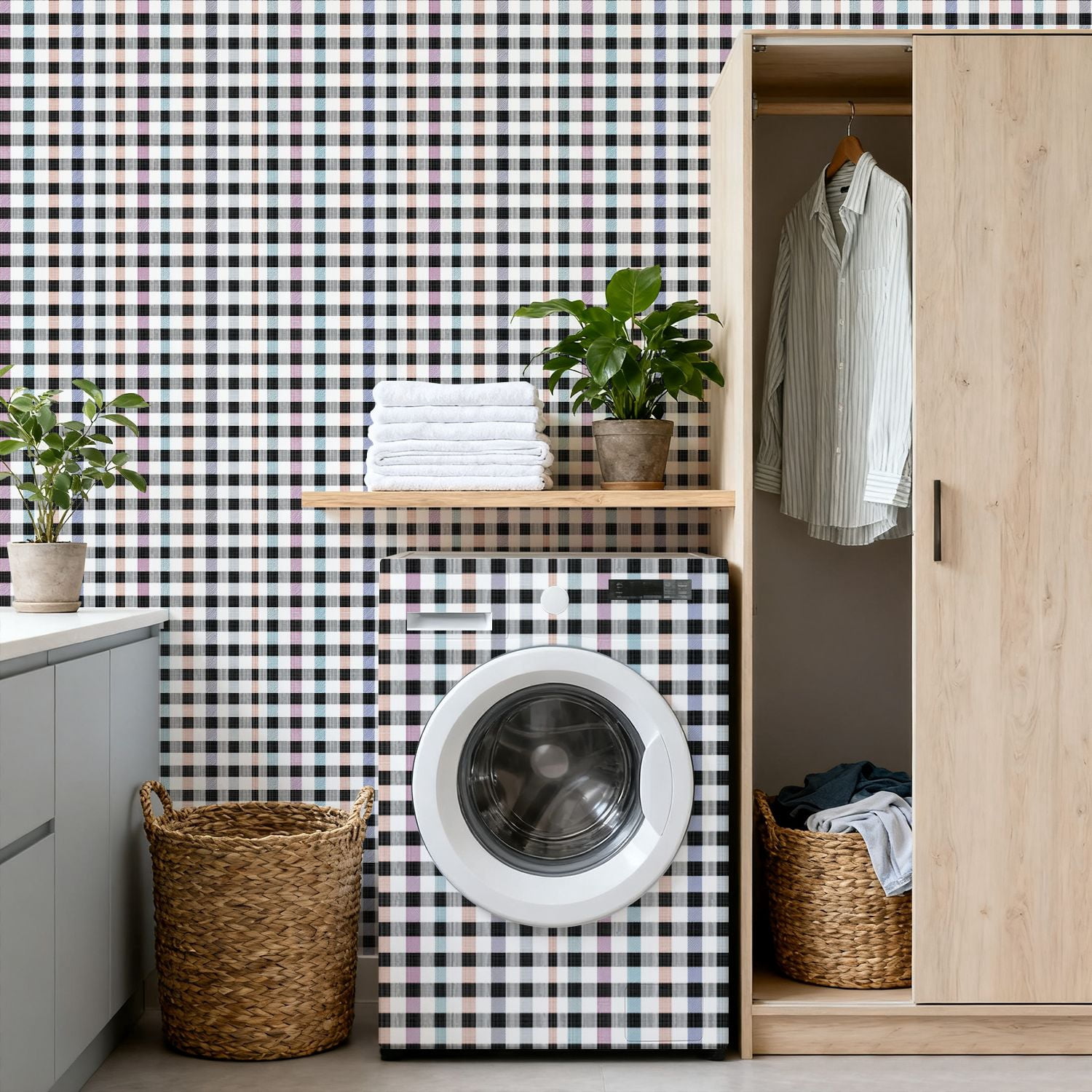 Peel and Stick Wallpaper Plain Black White Grey Gingham Tartan Plaid Wall Mural 17.7in x 9.8ft Self Adhesive Removable Wall Paper Renter Friendly Wallpaper for Bedroom Bathroom