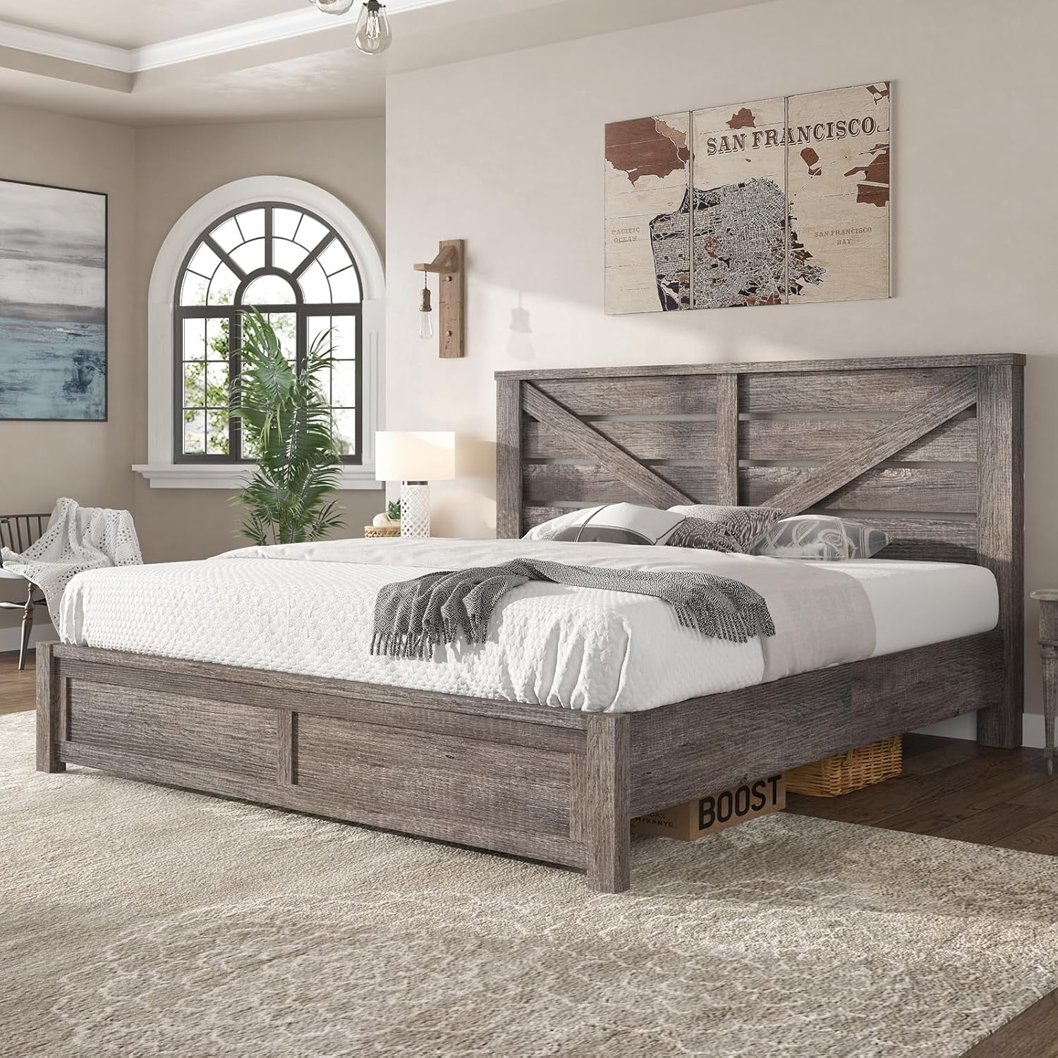 LUXOAK King Size Farmhouse Bed Frame with Rustic Barn Door, Storage Space and Wood Slats, Grey