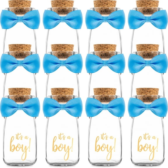 Ethisa 12 Pack It's a Boy Milk Glass Bottles with Ribbons and Stickers - Vintage, Sturdy, Baby Shower Favors for Guests and Table Centerpieces - Boy Baby Shower Decorations - Baby Shower Candy Jar