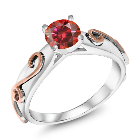 Gem Stone King 18K Two-Tone Sterling Silver Ring Round Red Moissanite (1.00 Cttw)