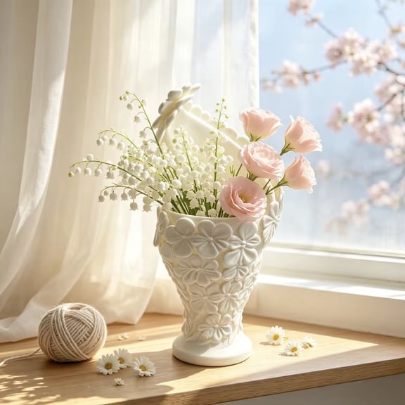 Floral Pattern Mini Vase, Three Dimensional Flower Ornament, Easter Spring Holiday Decor, Decorative Planter, Tabletop Centerpiece, Home Seasonal Decoration