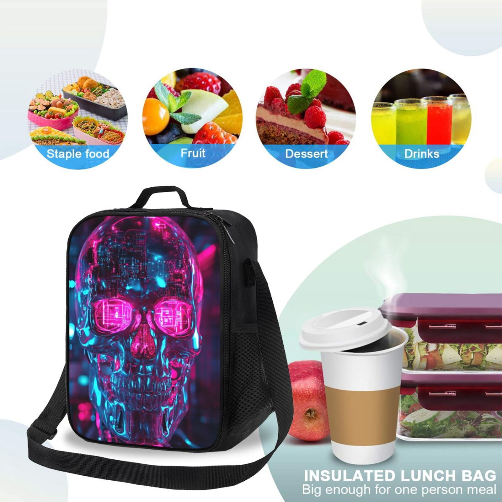 Skull Lunch Bag Reusable Lunch Box Insulated Tote Bag with Adjustable Shoulder Strap