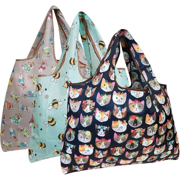 Wrapables Large Foldable Tote Nylon Reusable Grocery Bag, 3 Pack, Summer Animals