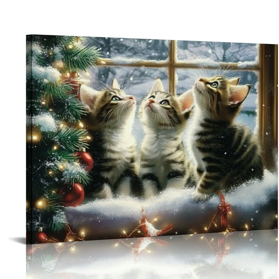 ZFLMY Cute Cat Art Modern Canvas Prints Christmas Wall Decor for Bedroom Kitchen Bathroom, Ready to Hang Home Art Decor 16x12in