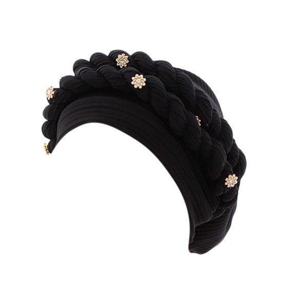 FADAACAI Turban Hats for Women Women Beading Braid Hat Muslim Ruffle Cancer Wrap Cap Sleep Caps Satin Lined Hair Bonnets Chemo Headwear For Women Turban Head Wraps For Women Black Clearance！