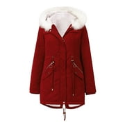 Hjcommed Womens Warm Long Coat Hoodies Collar Jacket Slim Winter Parkas Outwear Coats Red XL