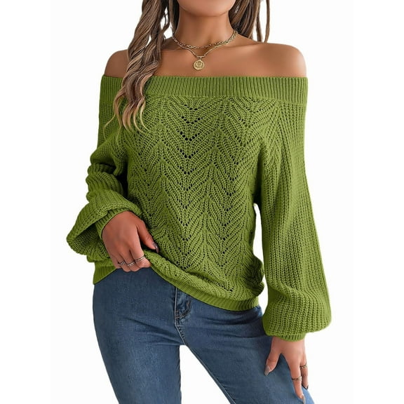 Crochet Tops for Women Off the Shoulder Sweaters Summer Long Sleeve Hollow Out Knit Beach Clothes Green L