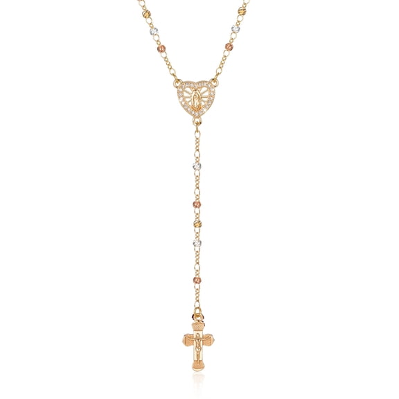 14K Gold Plated Virgin Mary Rosary Necklace for Women, Hypoallergenic Non-Tarnish Catholic Y Lariat Cross Crucifix Jewelry Gift
