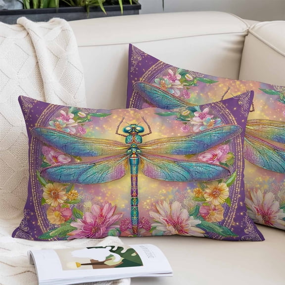 Purple Dragonfly Pillow Covers 12"x20", Colorful Flowers Watercolor Chic Floral Plant Soft Brushed Microfiber Breathable Throw Pillow Covers, Pillowcase with Zipper for Couch Sofa Bedroom Living Room