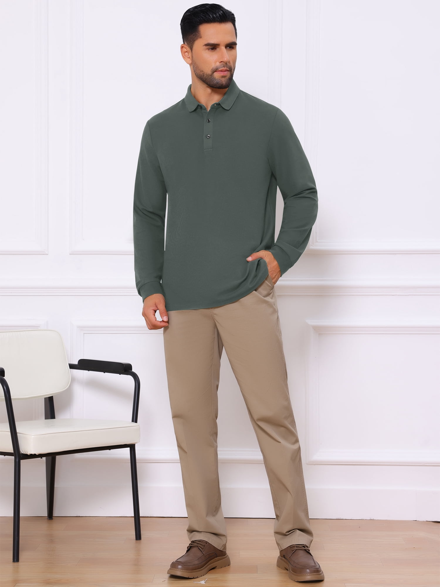 DARING DIVA Men's Classic Solid Color Long Sleeves Basic Golf Polo T-Shirts L Gray