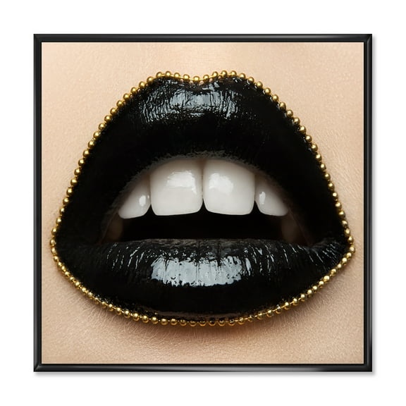 Designart 'Woman Lips With Black Lipstick & A Gold Chain' Modern Framed Canvas Wall Art Print