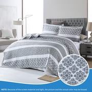 Bedduvit Gray/White Queen Size Quilt Set - 100% Cotton Grey Floal Striped Summer Quilt for Queen Bed, Reversible Classic Lightweight Queen Bedspread, 3-Piece Bedding Set All Season (98x90, Gray)
