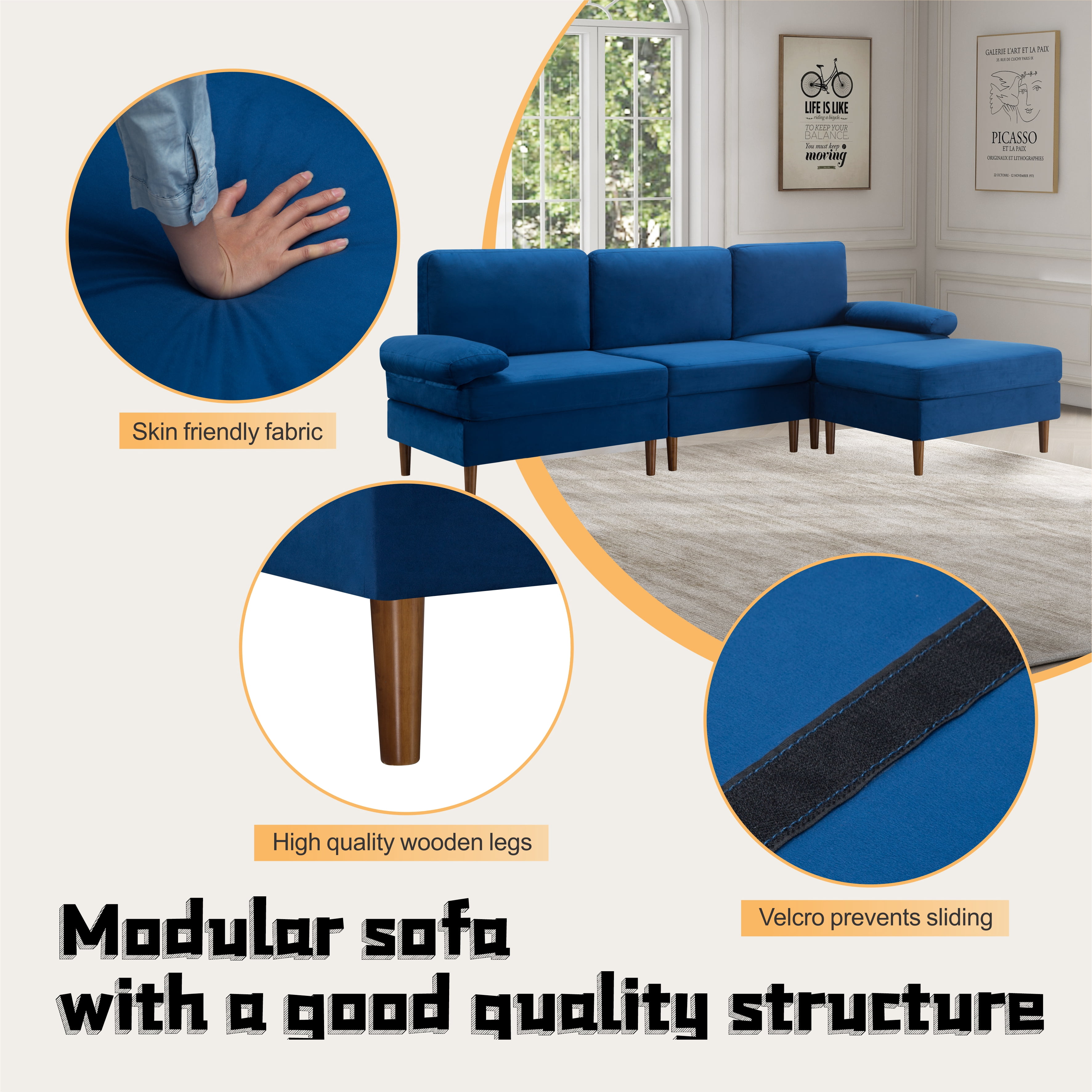Gewnee 102.4'' Modern Convertible L-Shaped Sofa, 3-Seater with Movable Ottoman for Living Room & Apartments( Navy Blue)