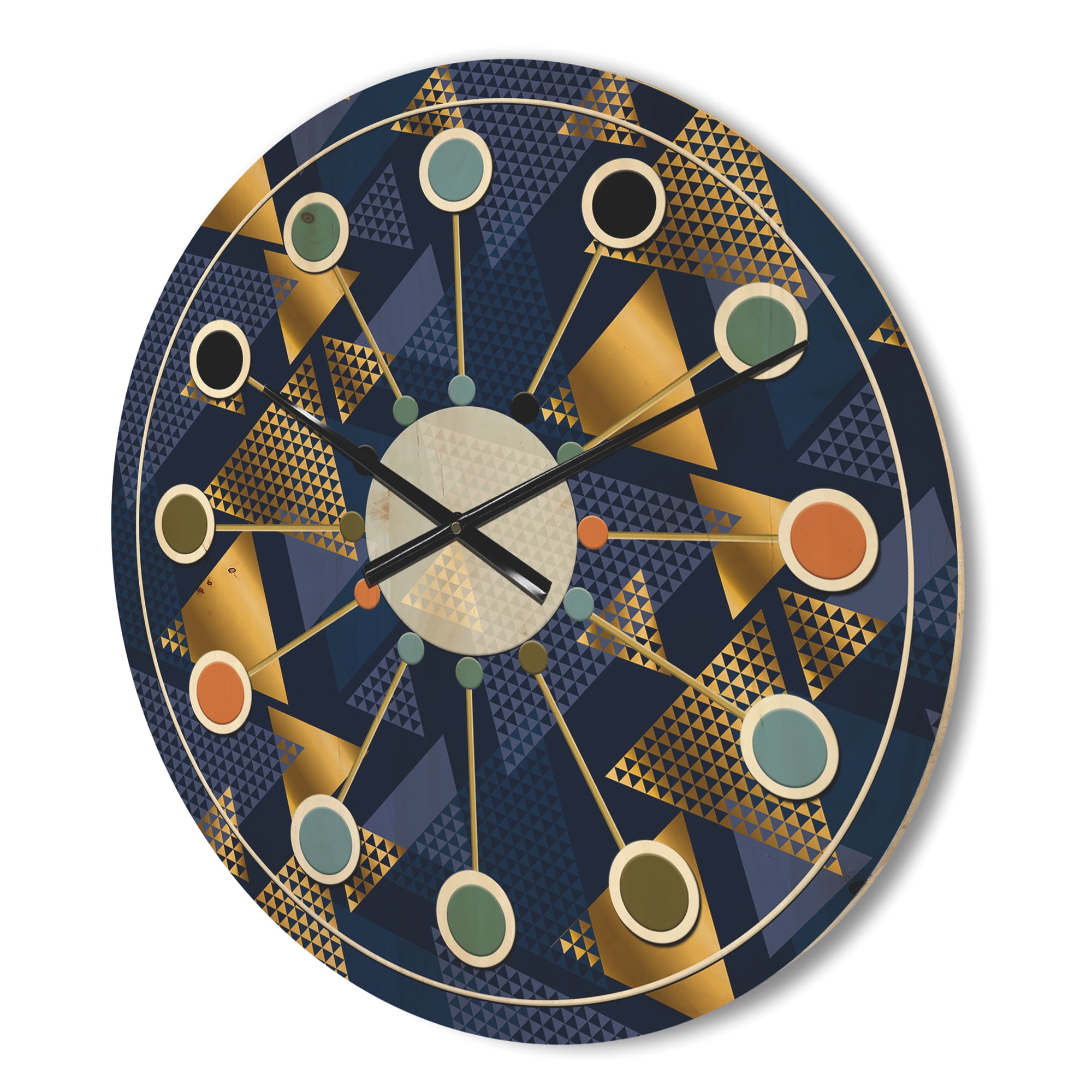 Designart 'Retro Luxury Waves In Blue and Gold IX' Mid-Century Modern Wood Wall Clock