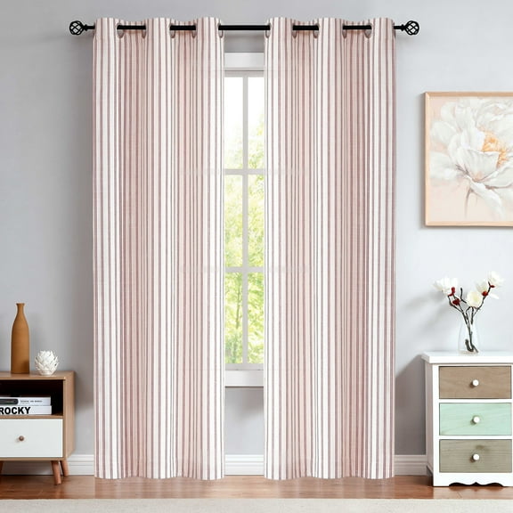 AZZCIA Red Stripe Linen Semi Sheer Curtain for Living Room Farm House Rustic Window Treatment Sets Drape, Grommet, 40"x84"x2