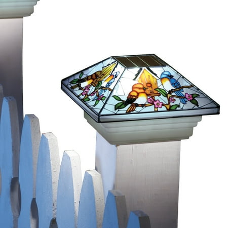 Solar Fence Stained Glass Effect Bird Post Light Cap Multi Solar Fence Stained Glass Effect Bird Post Light Cap Multi Com