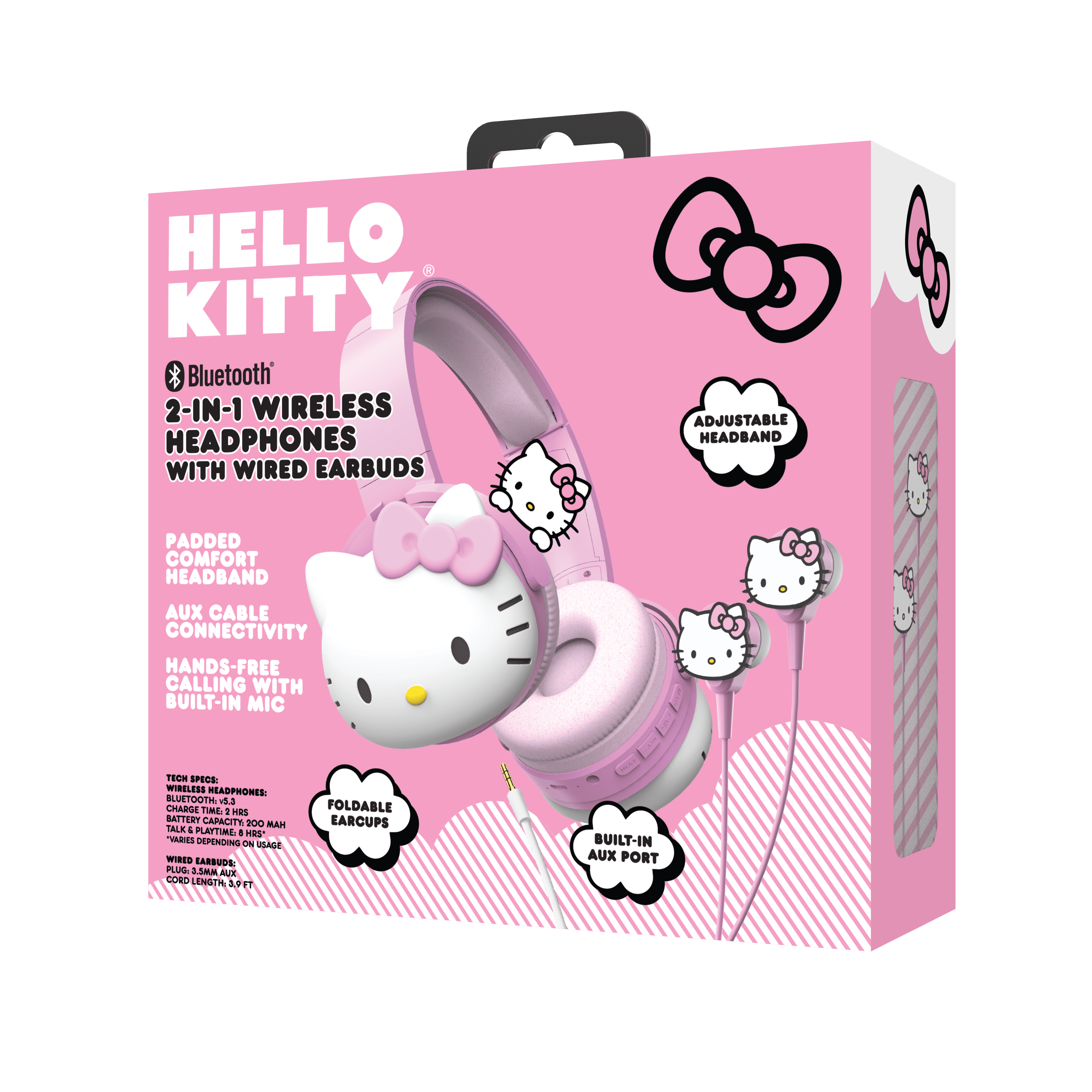 Hello Kitty 2-in-1 Wireless Bluetooth Headphones with Wired Earbuds - Foldable, Adjustable & Padded Headband, Onboard Controls, Squishy Ear Cups, Aux Cable Connectivity, Handsfree Calling
