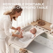 Babyomi 4 in1 Baby Bassinet with Diaper Changer, Long Next to Bed Crib with Mattress, Height Adjustable, Pack and Play, Bedside Crib Sleeper, Beige