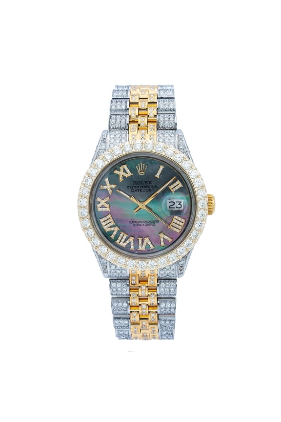 Pre-Owned Rolex Datejust 36MM 1601 Black Mother of Pearl Roman Diamond Dial Diamond Bezel Two Tone Yellow Gold Full Diamond Jubilee Bracelet 8.25ct