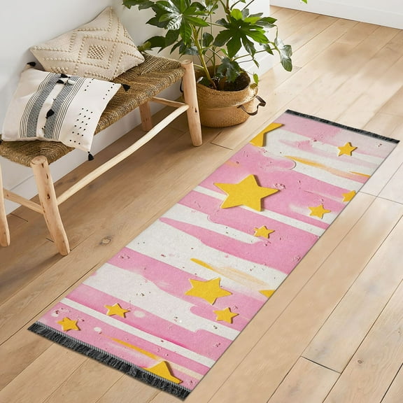 Yayeee Runner Rug for Bedroom 2'x6' Machine Washable Hallway Non Slip Mat, Flat Yellow Stars