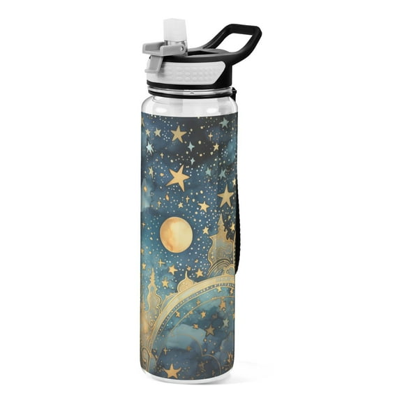 Stars and Moon in Starry Sky Sports Water Bottle Portable Travel Mug 32oz BPA Free Leak Proof Straw Transparent Tritan for Gym Yoga Cycling Camping