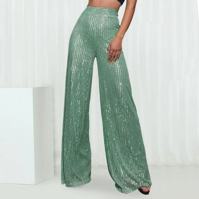 WILLBEST Pantalones Casuales de Lentejuelas de Moda para Mujer, Cintura Alta, Pierna Ancha, Acampanados, Ropa de Discoteca para Mujer, Estilo Brillante, Ajuste Cómodo Extra Grande