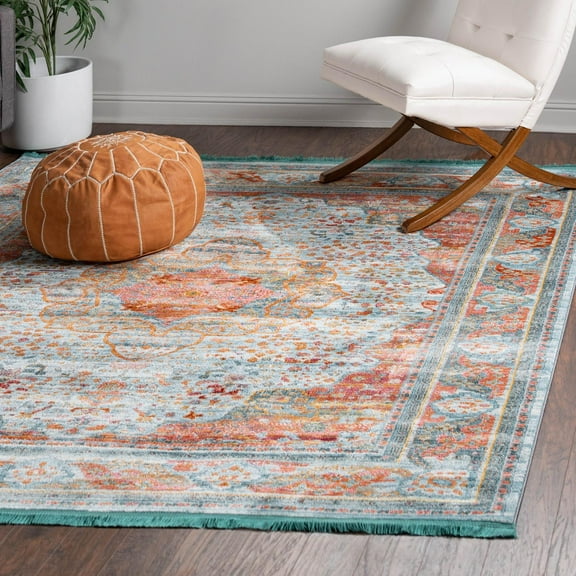 Unique Loom Baracoa Collection Area Rug - Malecon (5' Square Light Blue/Orange)