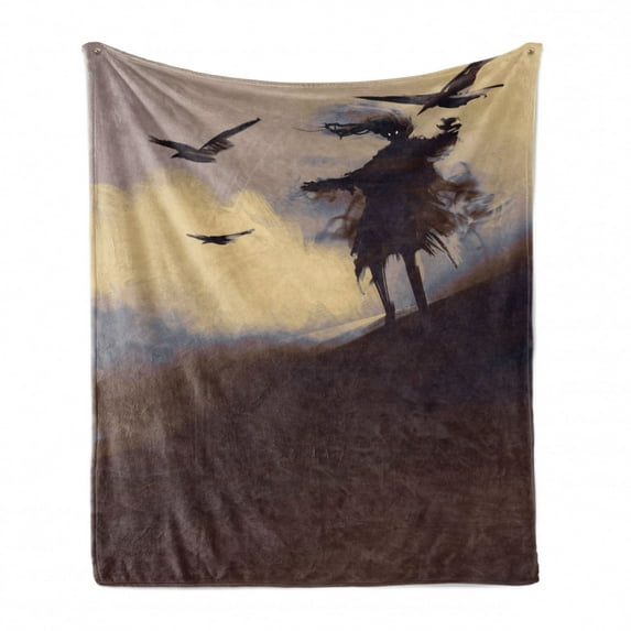 Horror Soft Flannel Fleece Blanket, Dark Soul from a Scary Movie on the Hills with Clouds and Flying Crows Print, Cozy Plush for Indoor and Outdoor Use, 70" x 90", Brown Mauve Beige, by Ambesonne