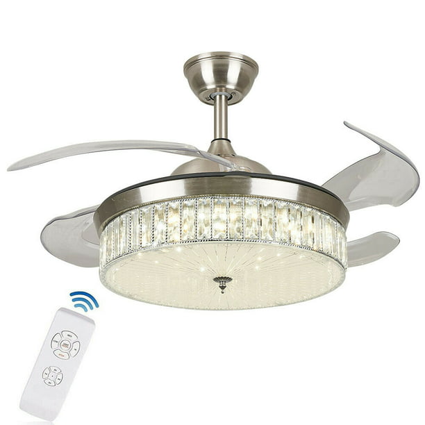 Oukaning 42 Retractable Crystal Ceiling, Modern Crystal Ceiling Fan With Remote Control Satin Nickel