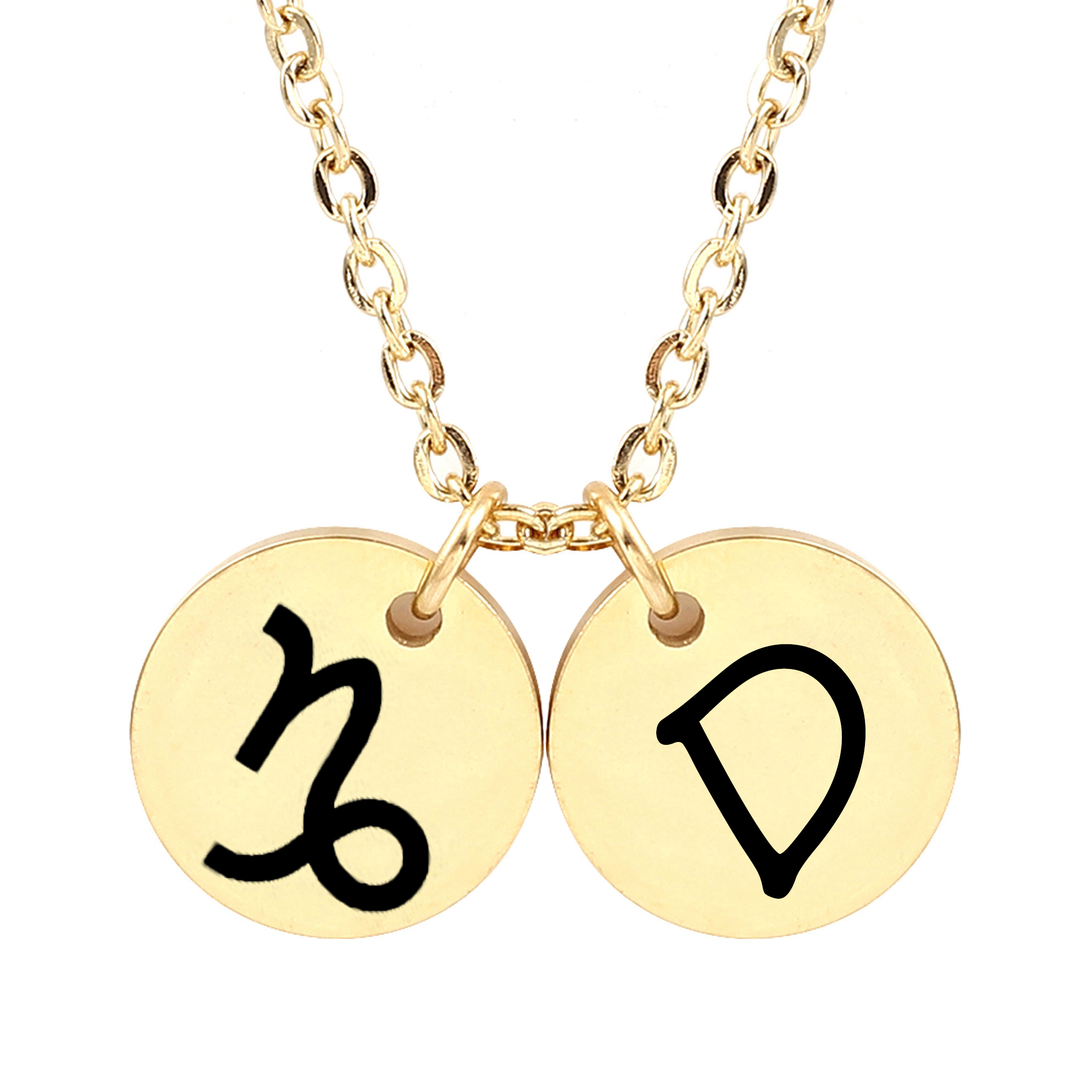 Personalized Round Constellation Initial Necklace - Engraved Zodiac Symbol Jewelry - Christmas Gift for Her - Stainless Steel - 18" Chain - Gold Capricorn