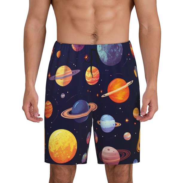Balery Space Planet Pantalones cortos de pijama de punto de algodón para hombre con cinturilla y bolsillos-4X-Large