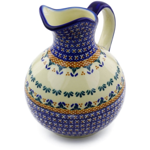 Polish Pottery 5 Cup Pitcher (Blue Cress Theme) Signature UNIKAT Hand Painted in Boleslawiec, Poland   Certificate of Authenticity