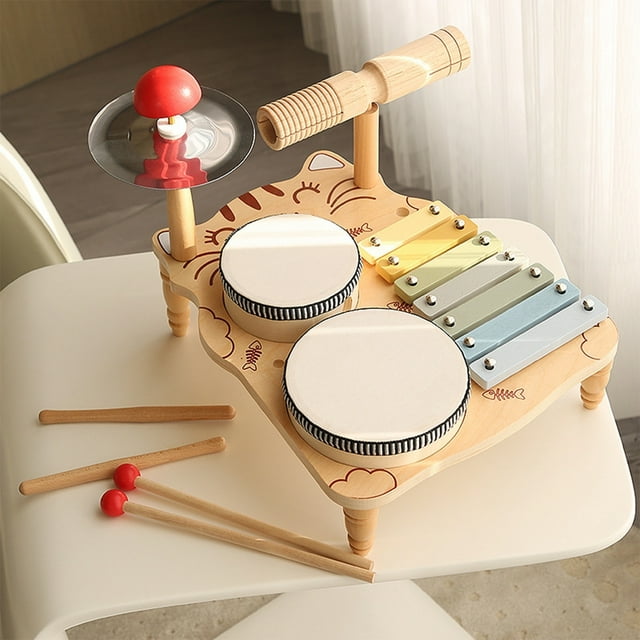QJUHUNG Colorful Multi-Function Drum Set with Percussion Instruments - Perfect for Youngsters‘ Christmas & Birthday Gifts White/Yellow