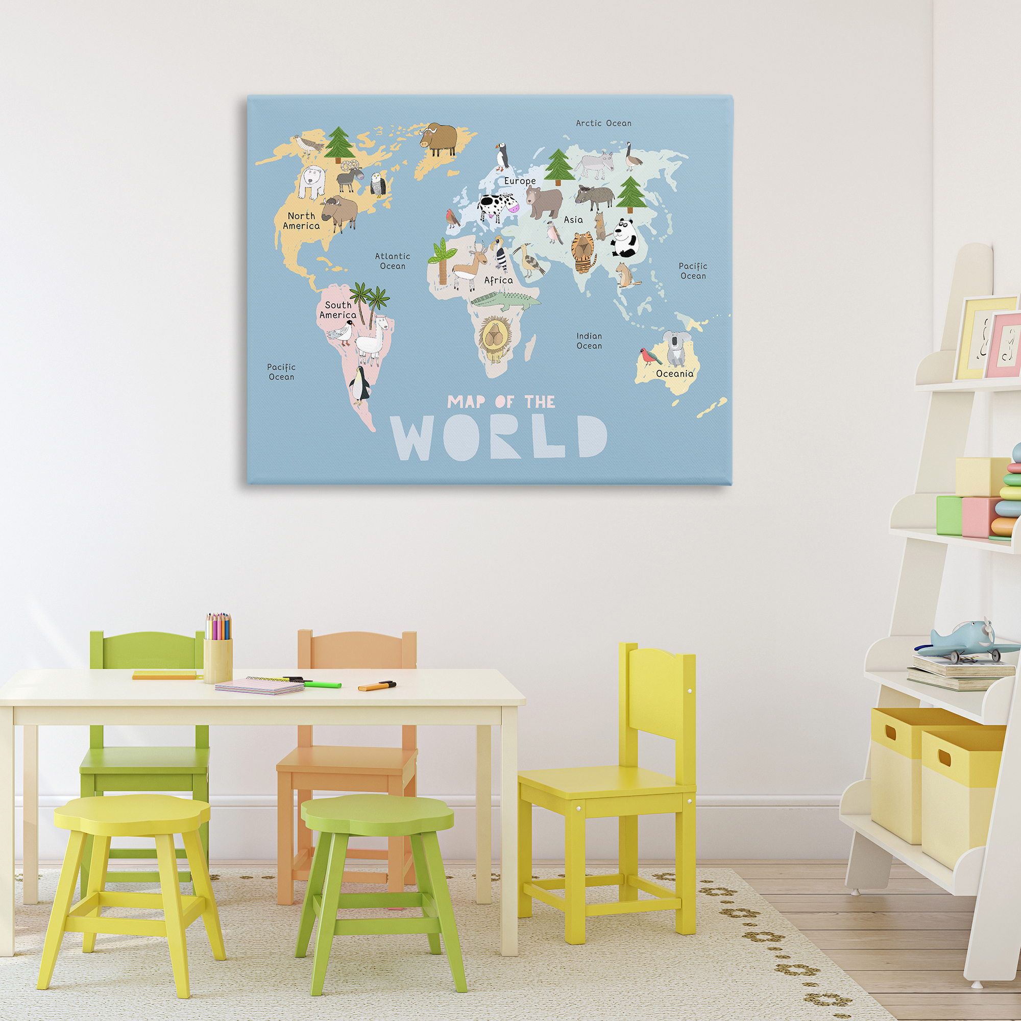 Kid's Map Of World Blue Canvas Wall Art, design by Carla Daly