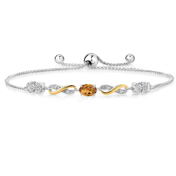 Gem Stone King 925 Silver and 10K Yellow Gold Lab Grown Diamond, Orange Red Madeira Citrine Bracelet for Women | 1.23 Cttw | Gemstone April Birthstone | Oval 6X4MM | Fully Adjustable 9"