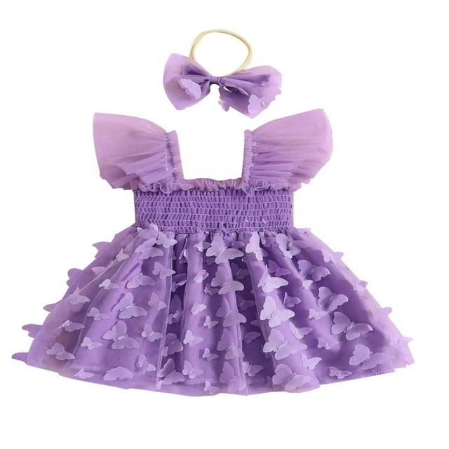 2 Pcs Robe pour Filles Tout-Petits Tenues Papillon Princess Robe en Tulle avec Bandeau Robe de Fête d'Été Violette 3-4 Ans