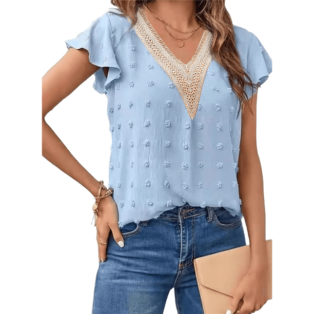 Blusa de Verano 2025 para Mujer, con Cuello en V, Volantes, Corta, Lunares, Holgada, Tipo Túnica Azul XXL
