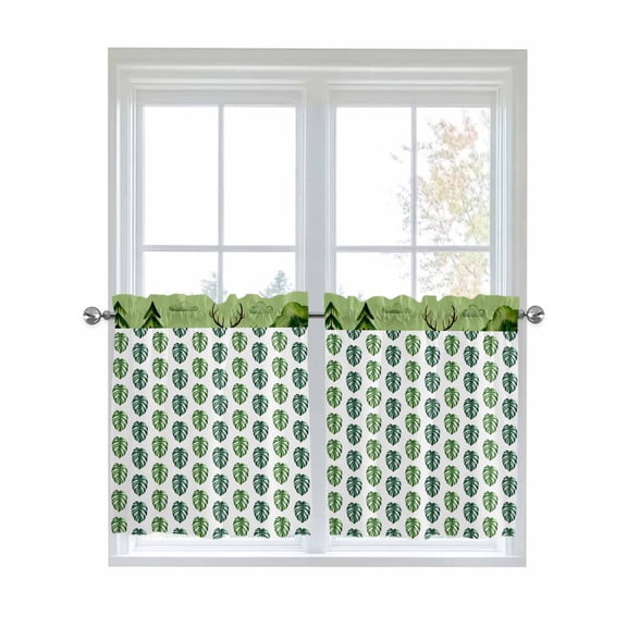 Tropical Leaves 2 Panel Kitchen Curtains for Small Windows, Green Monstera Palm Leaf Trees Botanical Bathroom Tier Curtain, Short Window Treatment for Bedroom/Living Room 55"x24"
