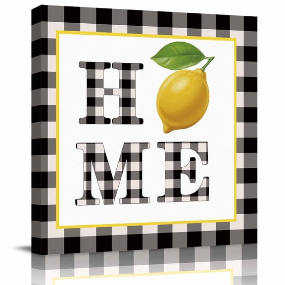Summer Lemons HOME Framed Canvas Wall Art, Black and White Buffalo Plaid Farmhouse Wall Art Painting for Living Room Bedroom Home Decor, 12”x12”, Office Artwork Print