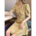 thumbnail image 5 of Women'S Summer Sundress: Floral Short Sleeve V-Neck Wrap A-Line Midi Dress Yellow M, 5 of 8