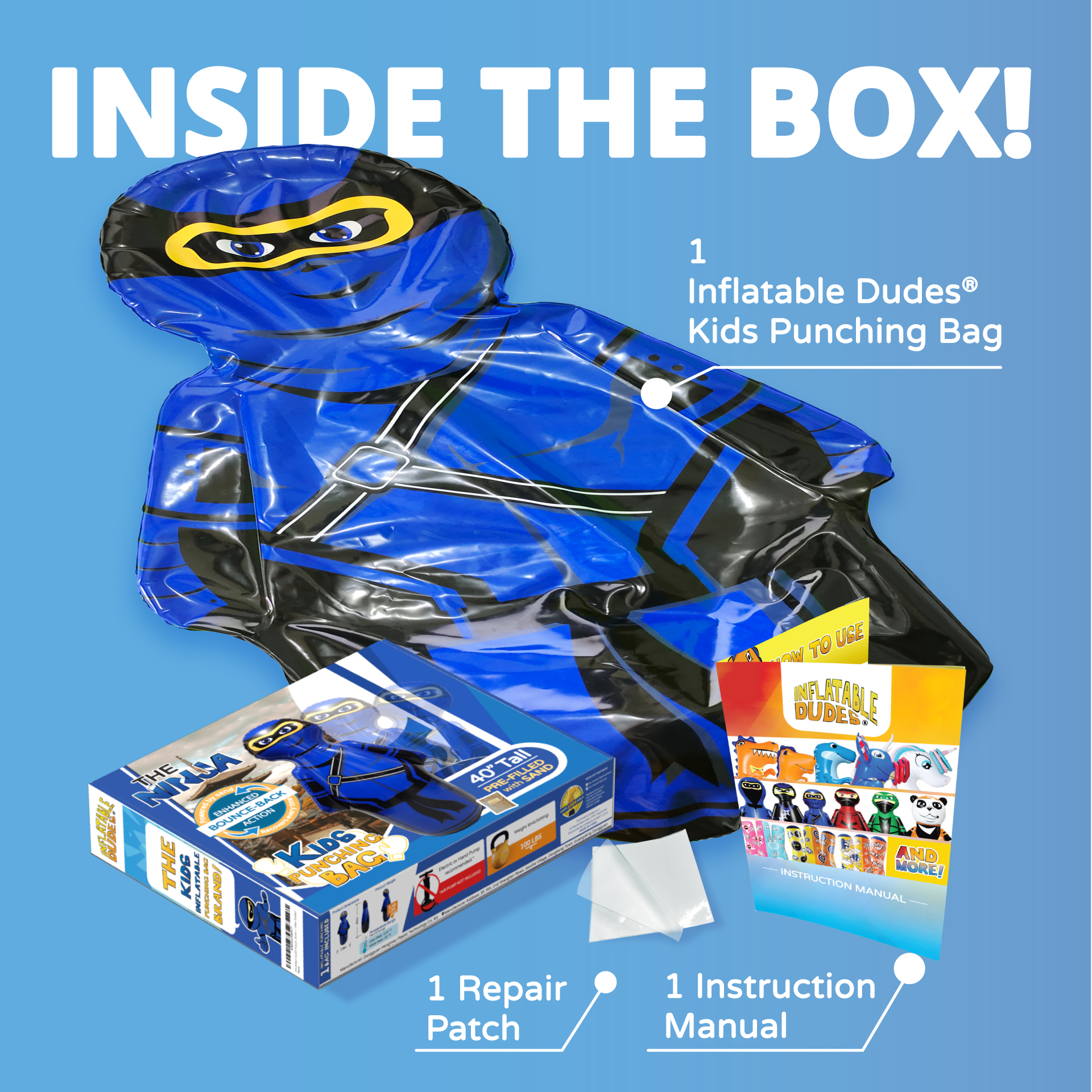 INFLATABLE DUDES Small Blue Ninja 40 Inches -Kids Punching Bag | Filled with Sand