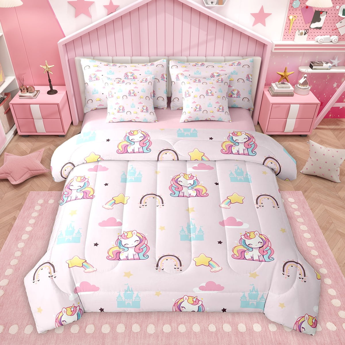 Homewish Kawaii Pink Unicorn Bedding Comforter Set 7 Pieces Dreamy Princess Castle Full Bedding Set Cartoon Stars Rainbow Reversible Fitted Sheet Flat Sheet Lightweight Room Decor