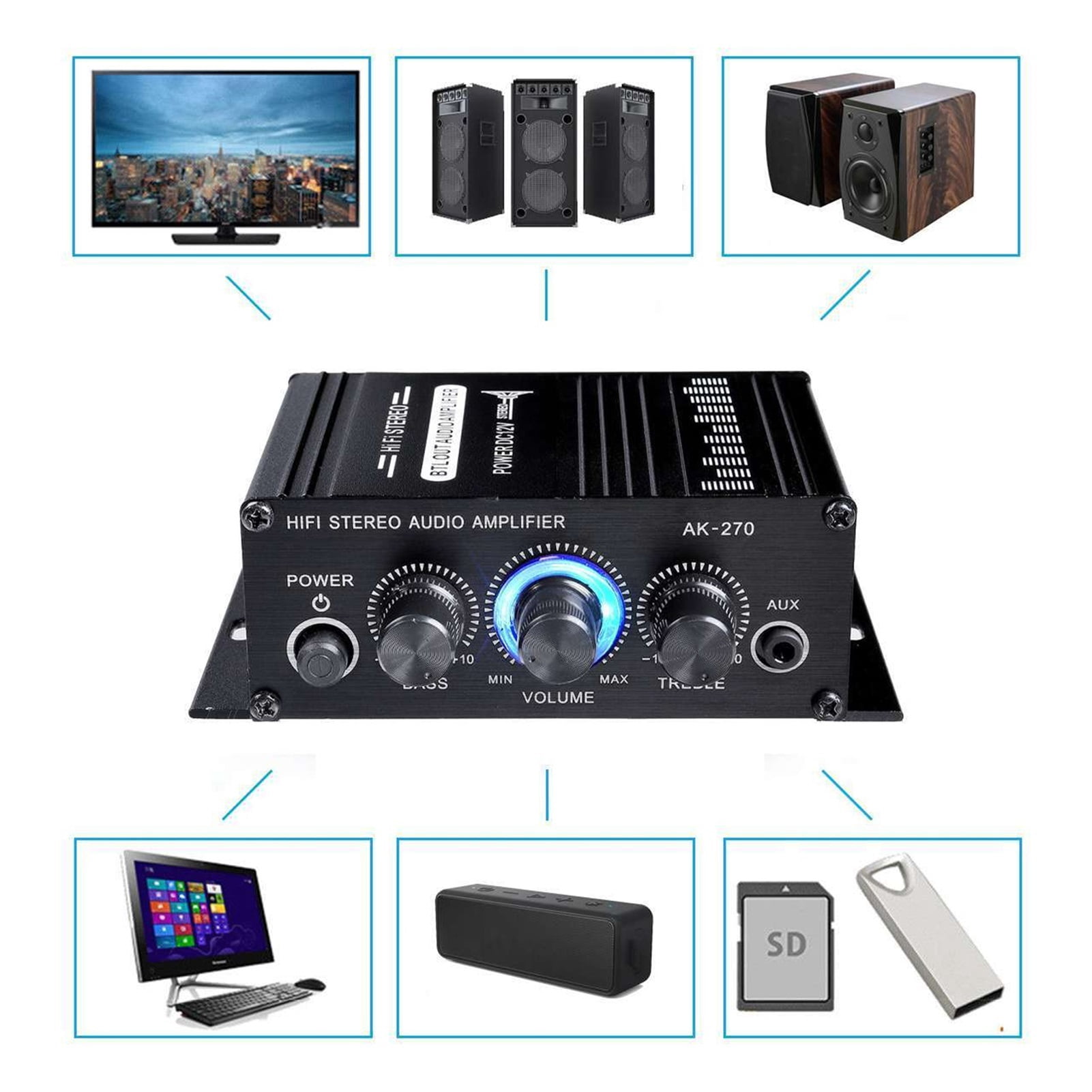AK270 400W 12V Hifi Power Amplifier Stereo Home Car BASS Amp Music Player Car Speaker Class D Car Home Sound Power Amp ,Small Footprint