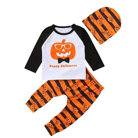 Happy Halloween Clothes Infant Baby Boy Pumpkin Bodysuit Top Striped Pant Oufit with Cute Heaband