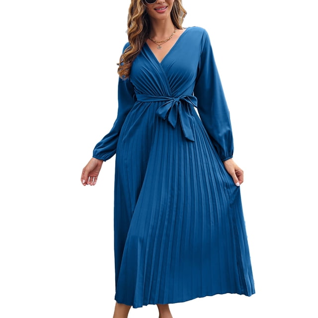 Vestido de manga larga,Vestido de mujer Vestido plisado con manga farol Vestido con cinturón y cuello en V Eficiencia óptima